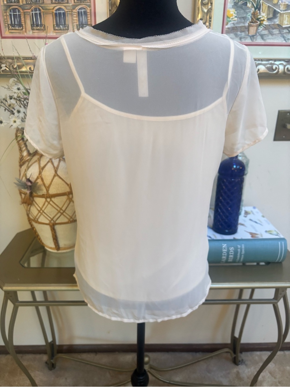 Adiva Cream Lace Crochet Overlay Sheer Short Sleeve Blouse With Cami Size Small - Picture 2 of 8